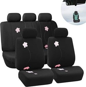 Car Seat Cover For Car Truck SUVs Vans Floral Design Full Set Black Pink Flowers